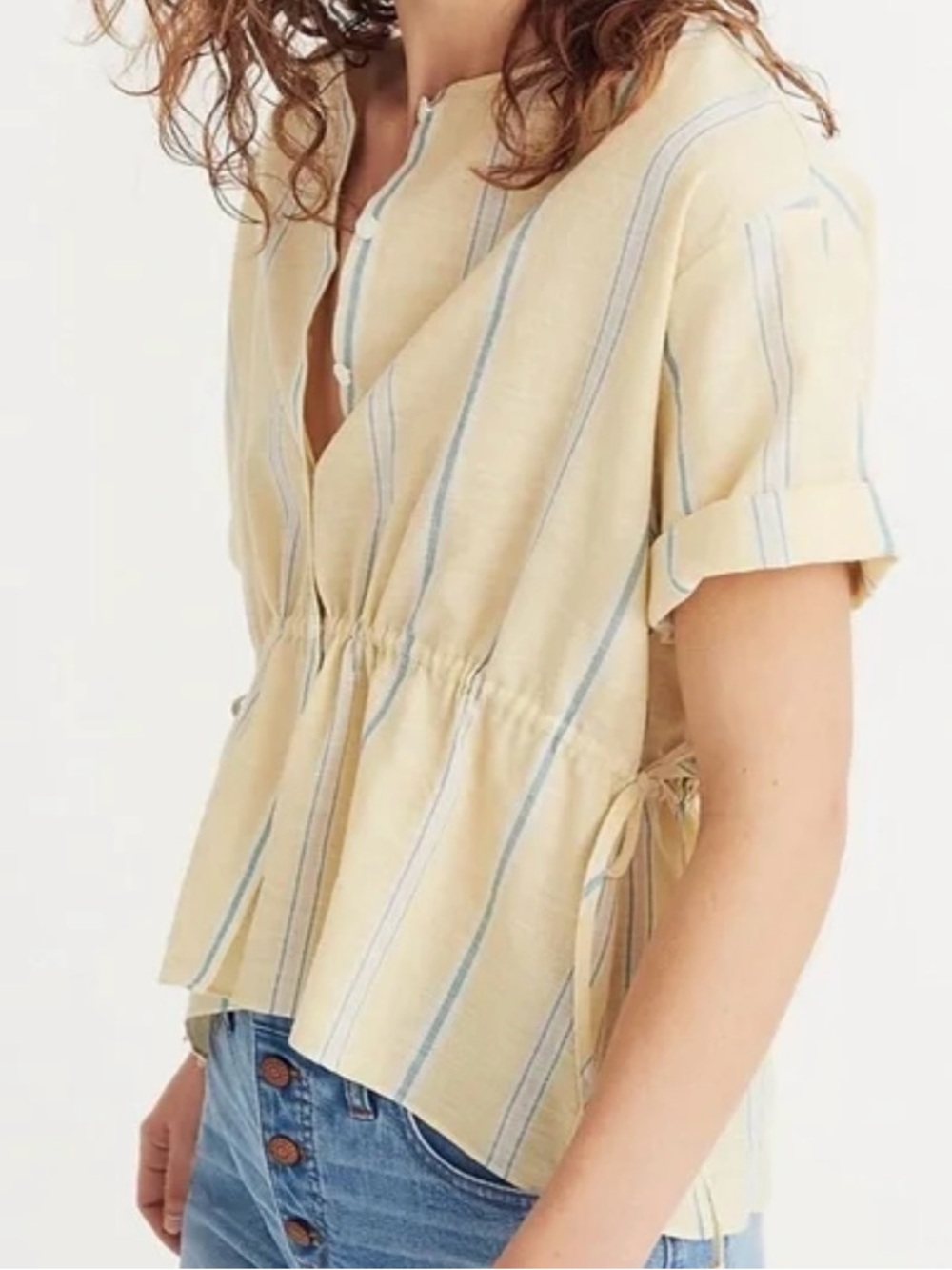 Madewell Women’s 100% Cotton Yellow Striped Button-Front Blouse With Ties XS